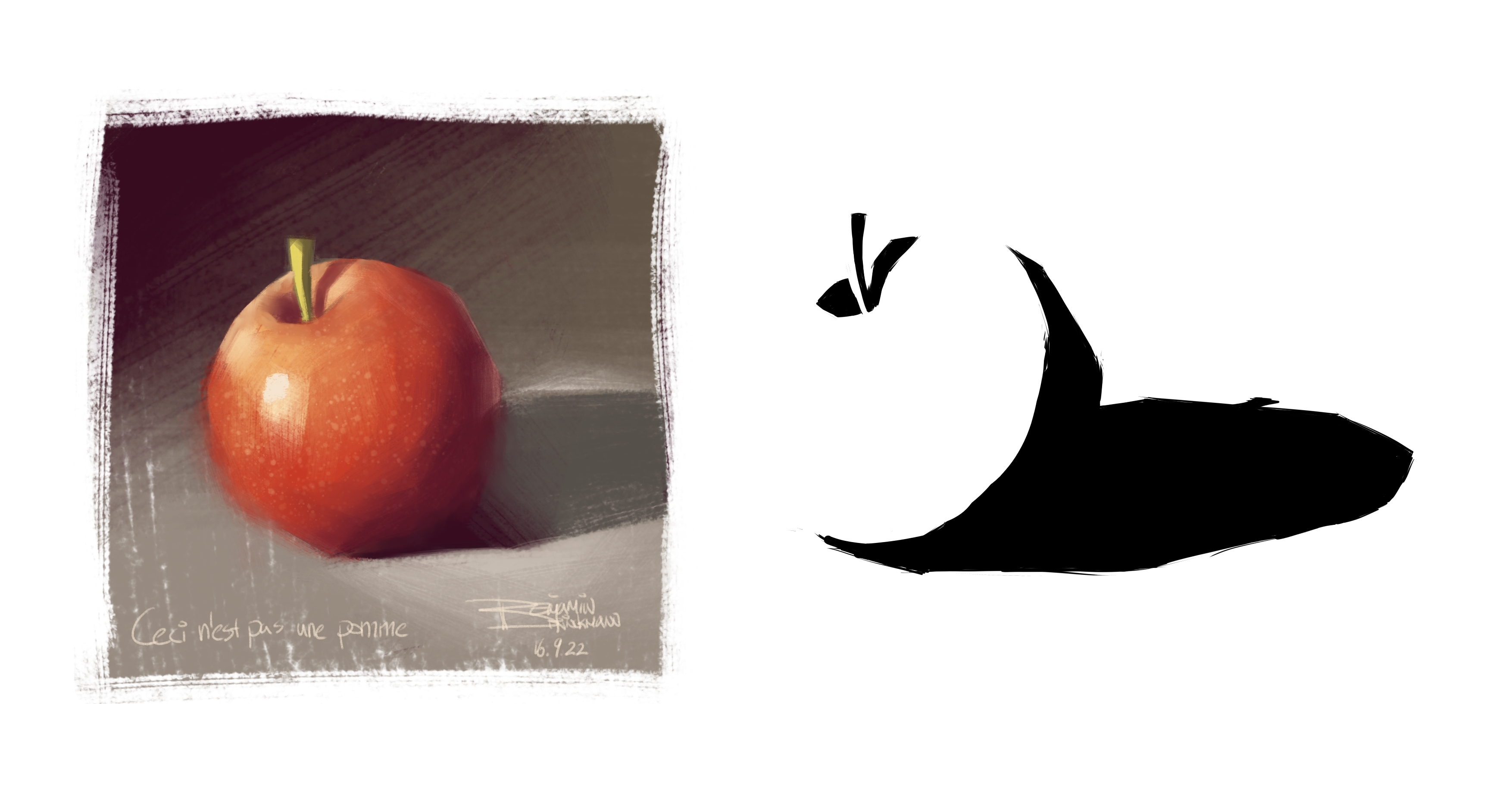 same apple study, but with a Notan drawing to the right. The shadows drawn in hard black with no transitions