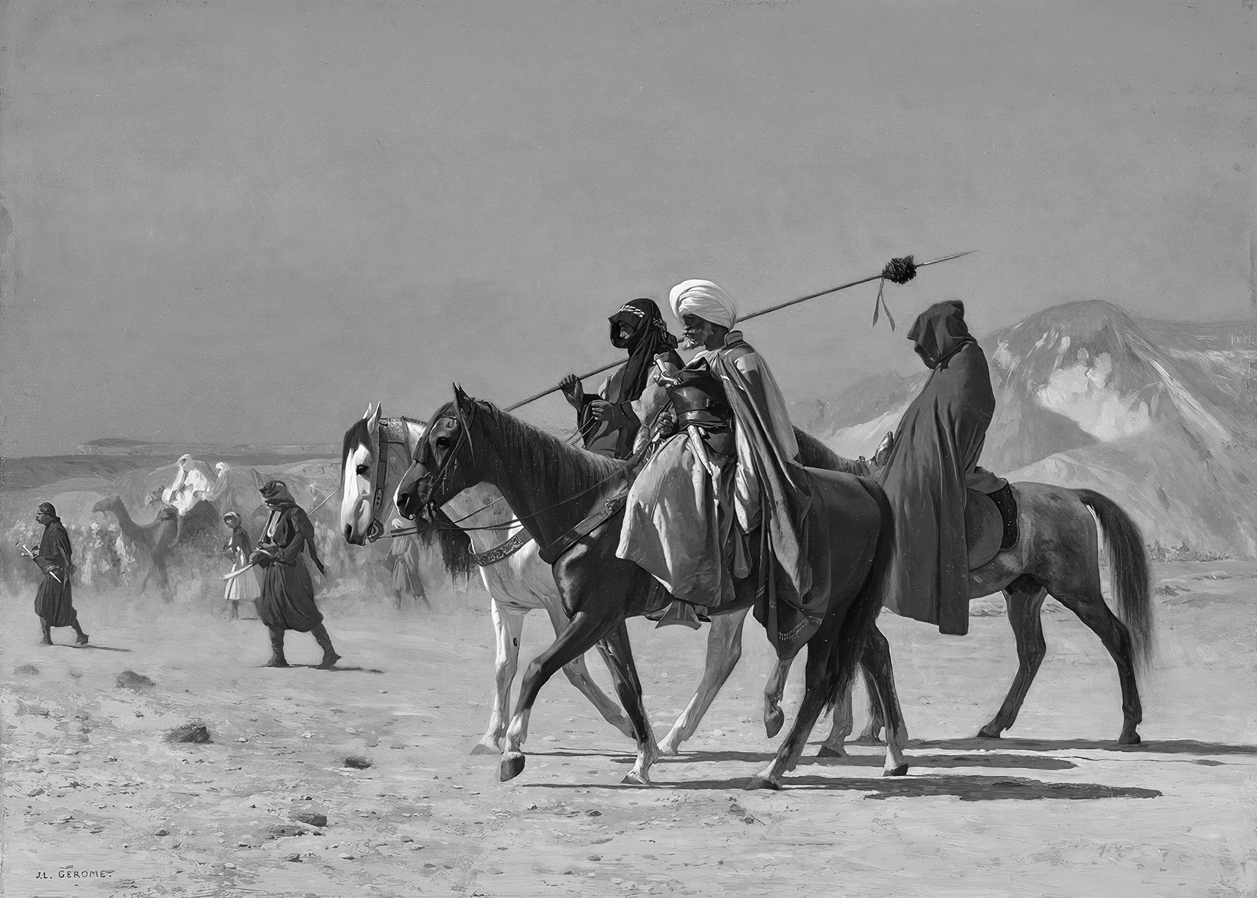 an oil painting of colorful tribal warriors crossing the desert on horses and camels, but in greyscale