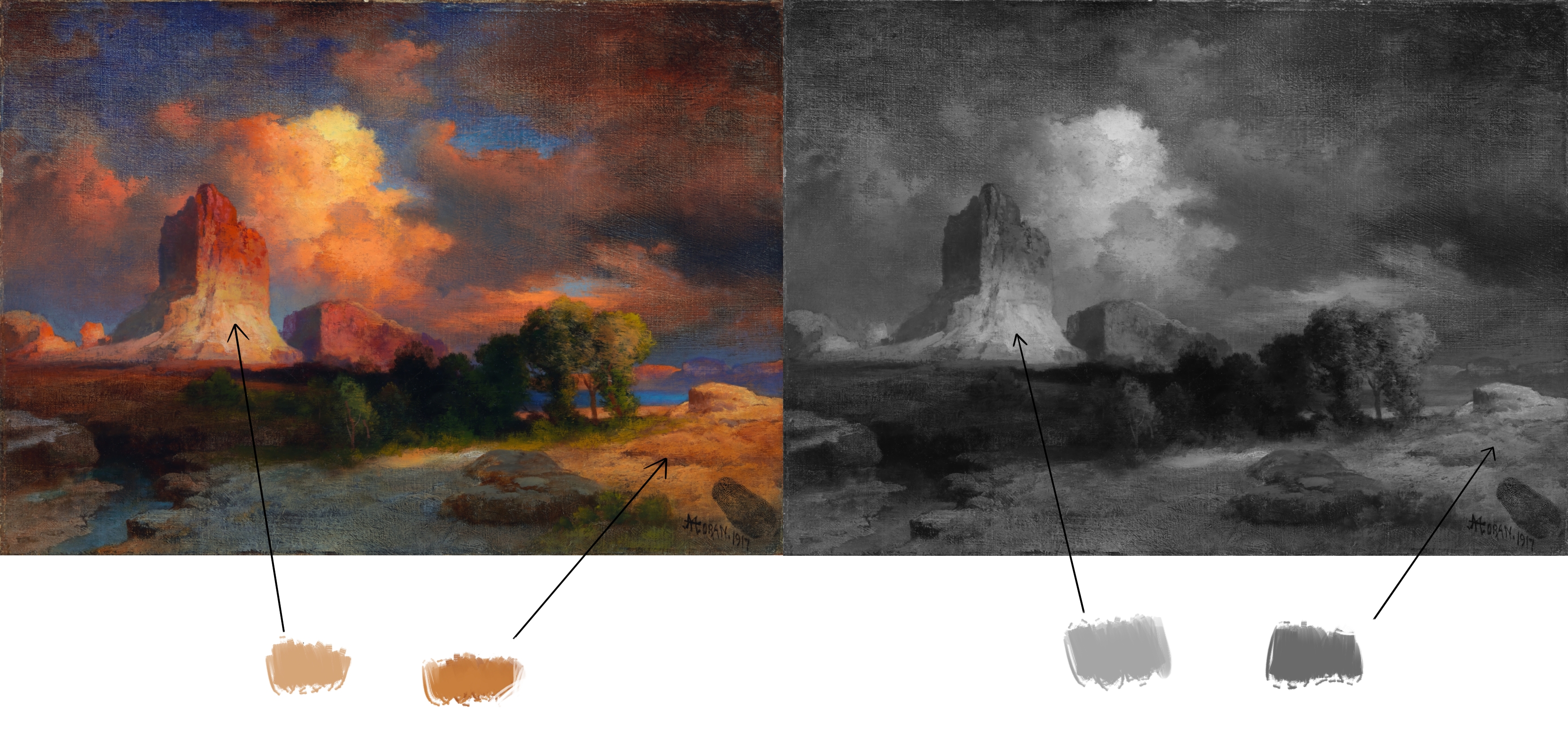 an oil painting of a mountain landscape, with a greyscale comparison besides