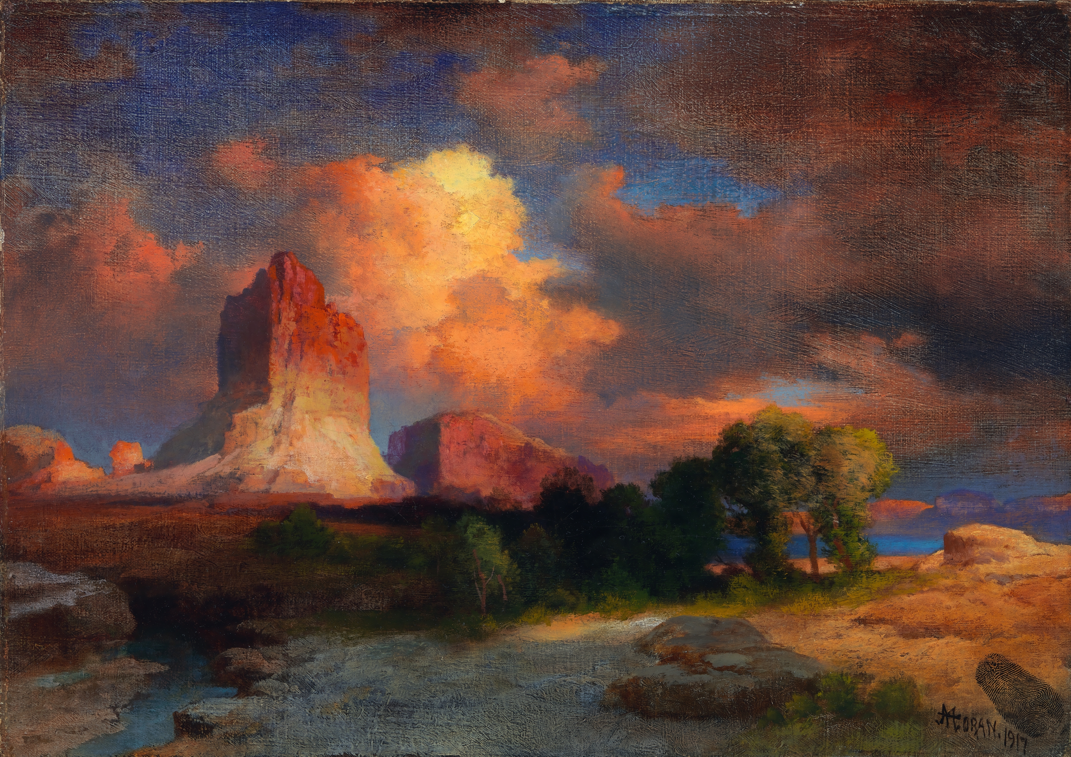 an oil painting of a mountain landscape