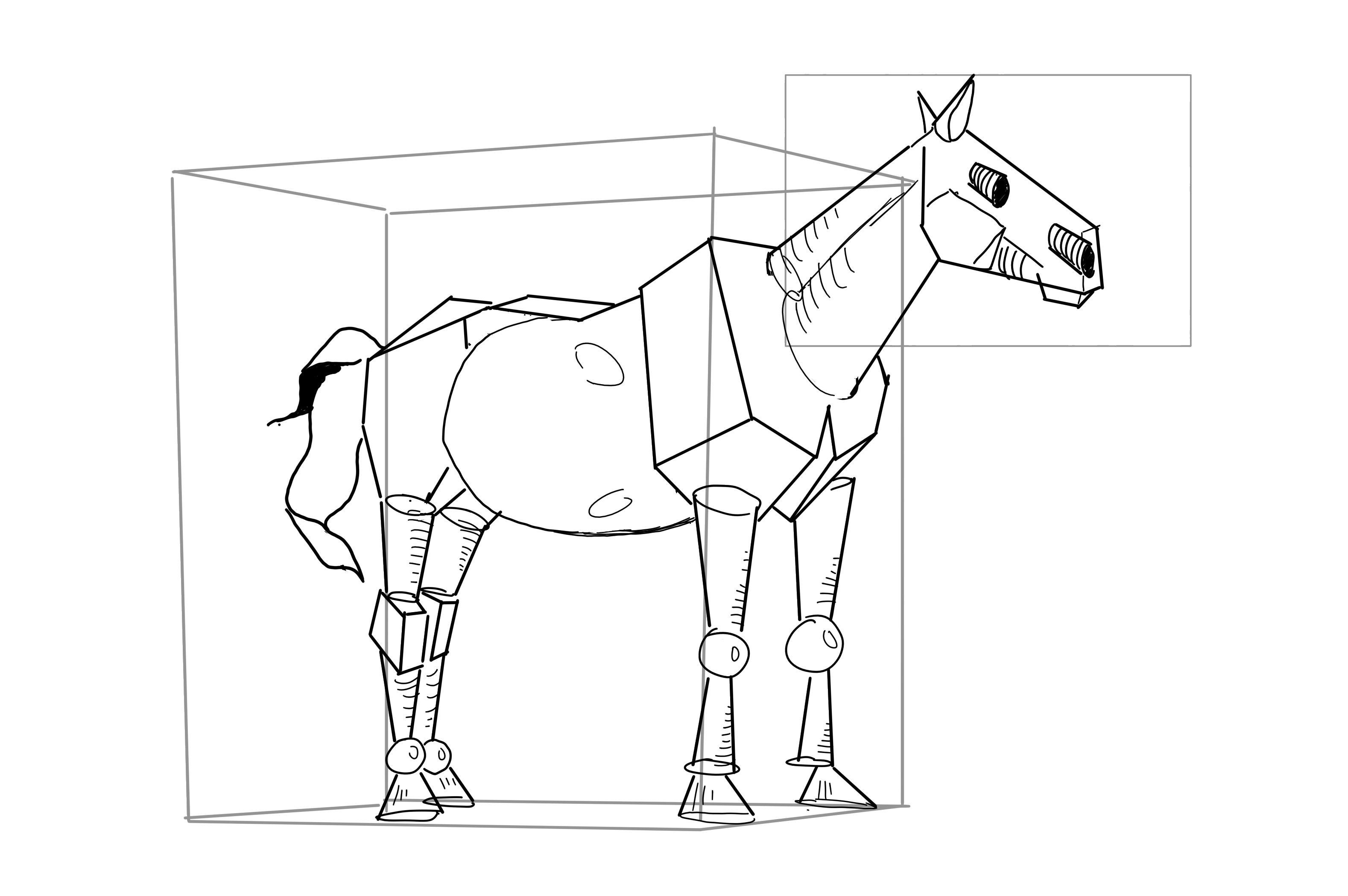 A simple sketch of the same horse as before, but build up from simple shapes such as cubes, cilinders, spheres and cones.