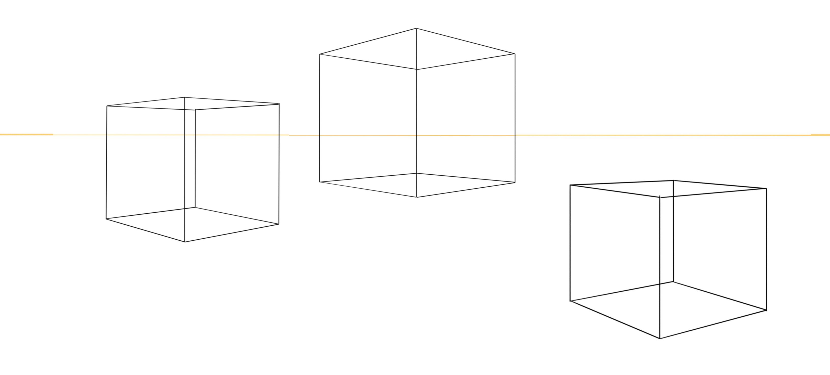 a drawing of three cubes in different two point perspecives.