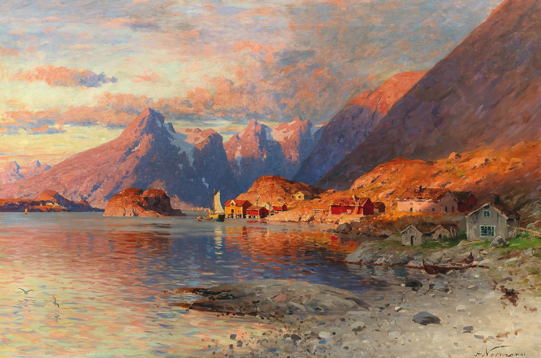 oil painting of a norwegian fjord at sunset