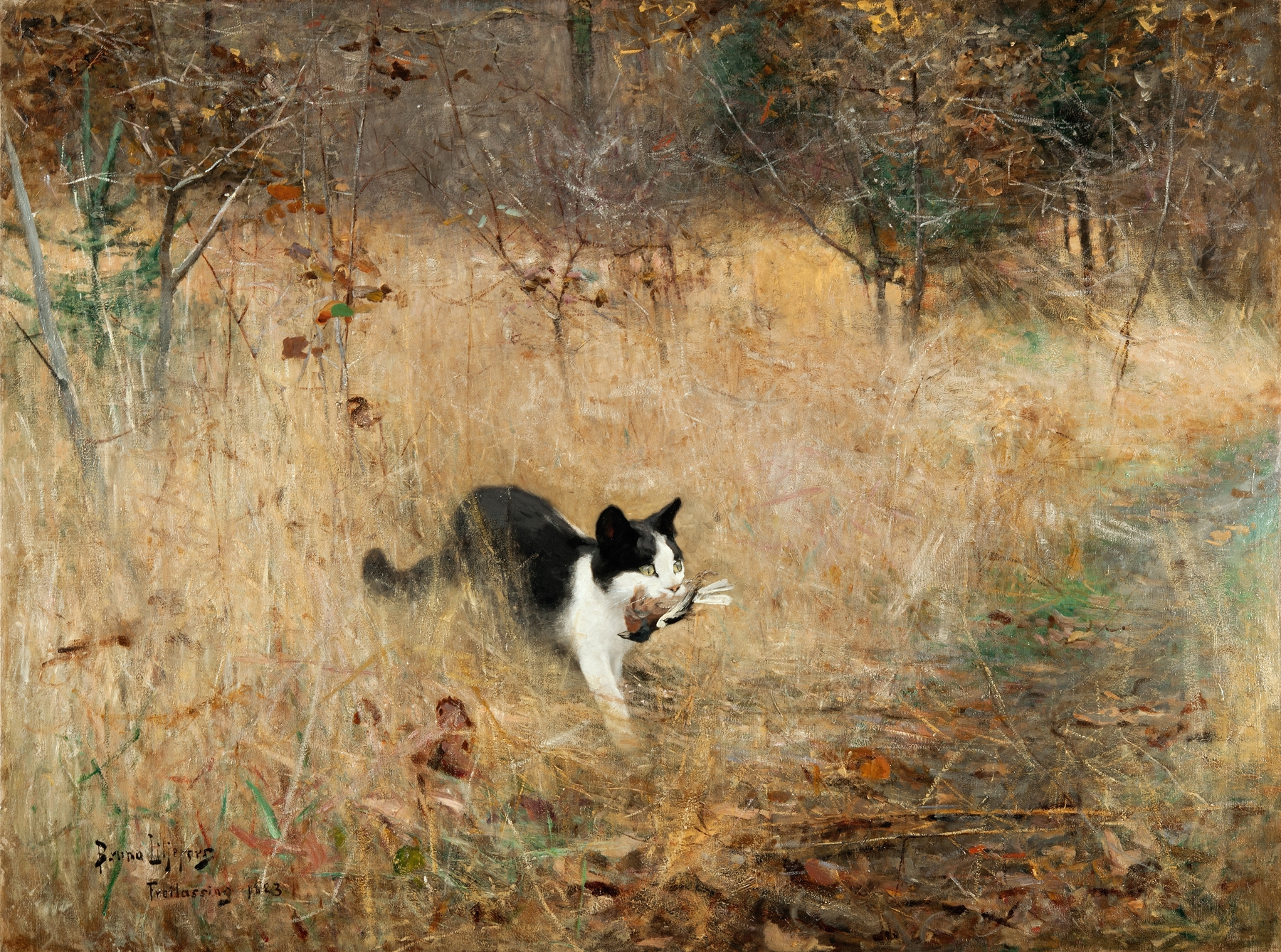an oil painting of a cat in tall grass carrying a bird in its mouth