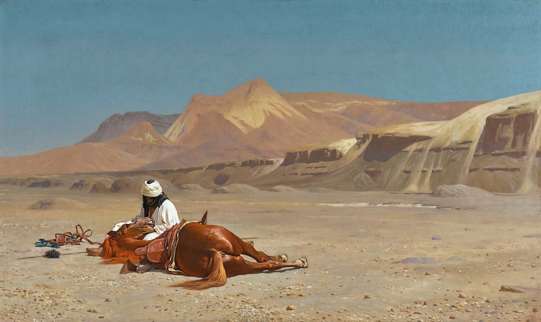 oil painting of an arab man caressing his horse in a desert landscape
