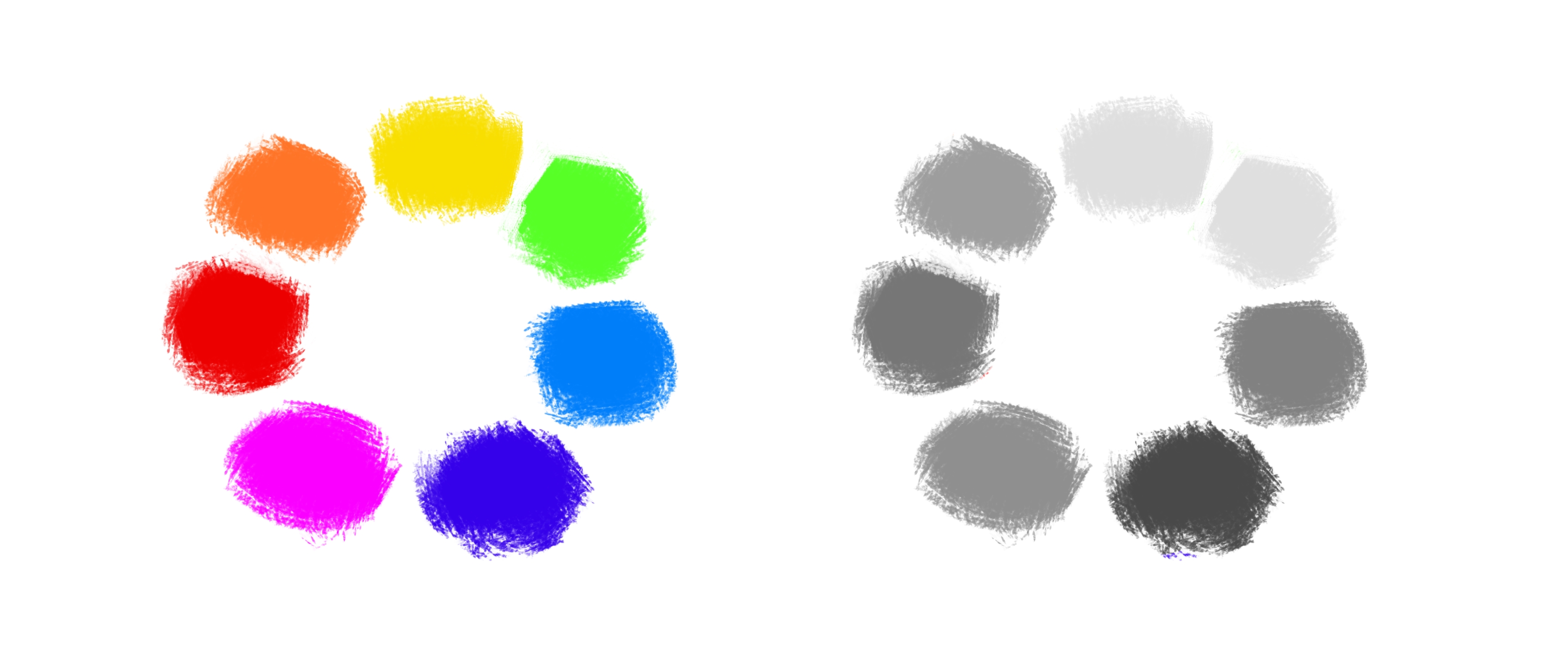 image of a color wheel, with a greyscale version besides