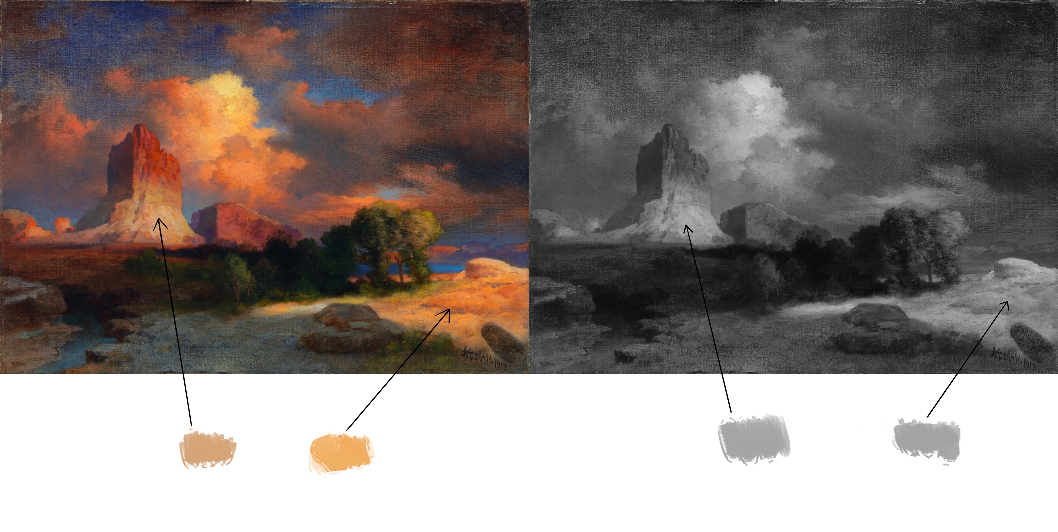 an oil painting of a mountain landscape, with a greyscale comparison besides but with adjusted values.