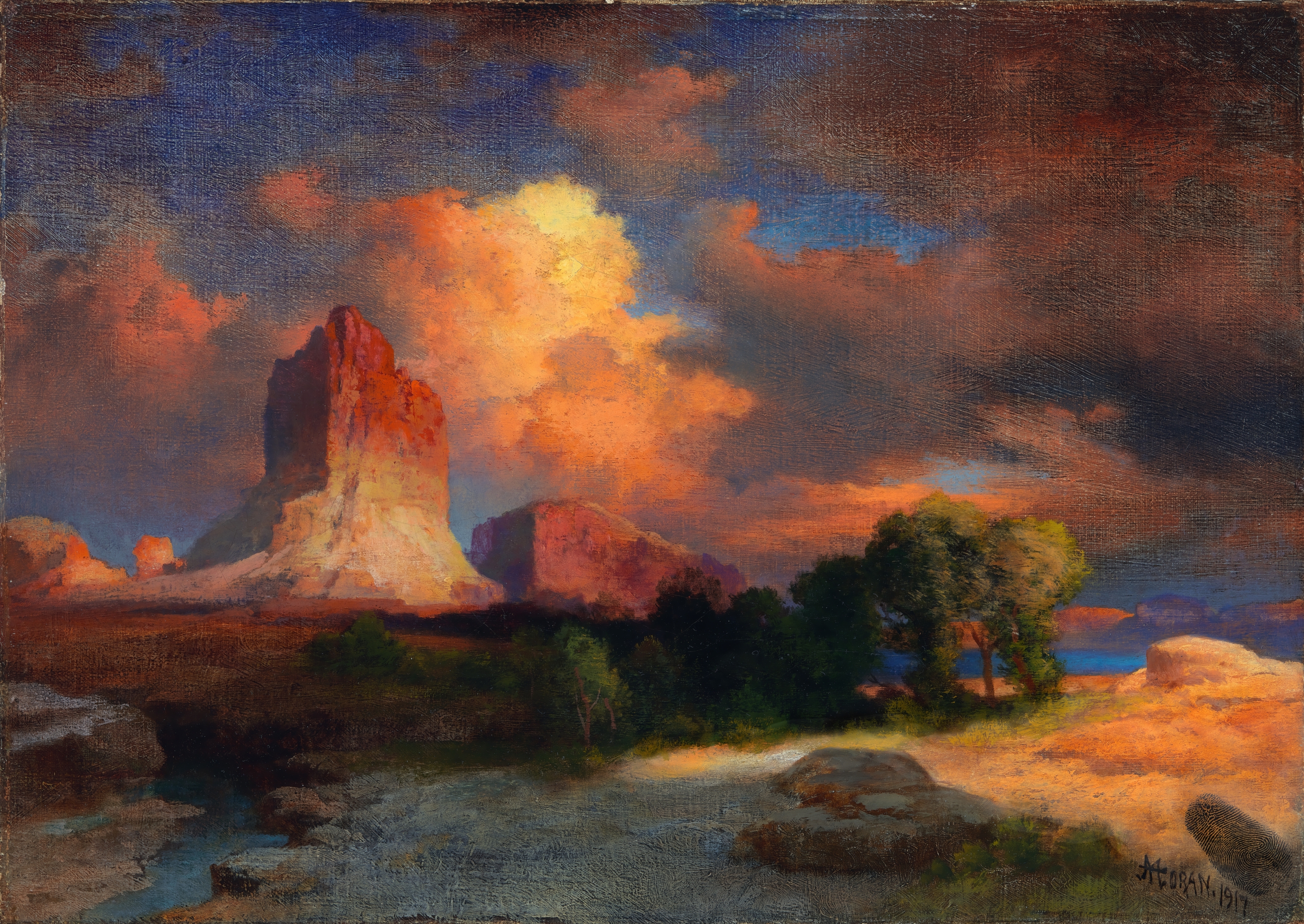 an oil painting of a mountain landscape, but the foreground is adjusted to be brighter.