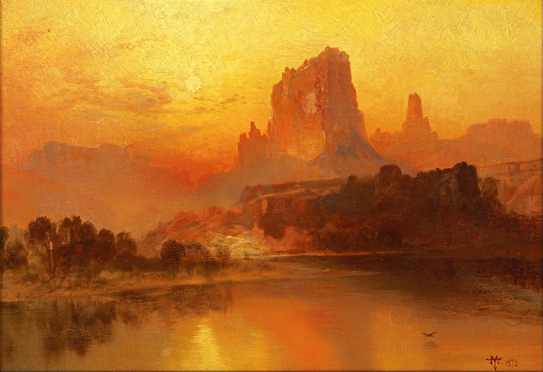 oil painting of an mountainous landscape in a red sunset
