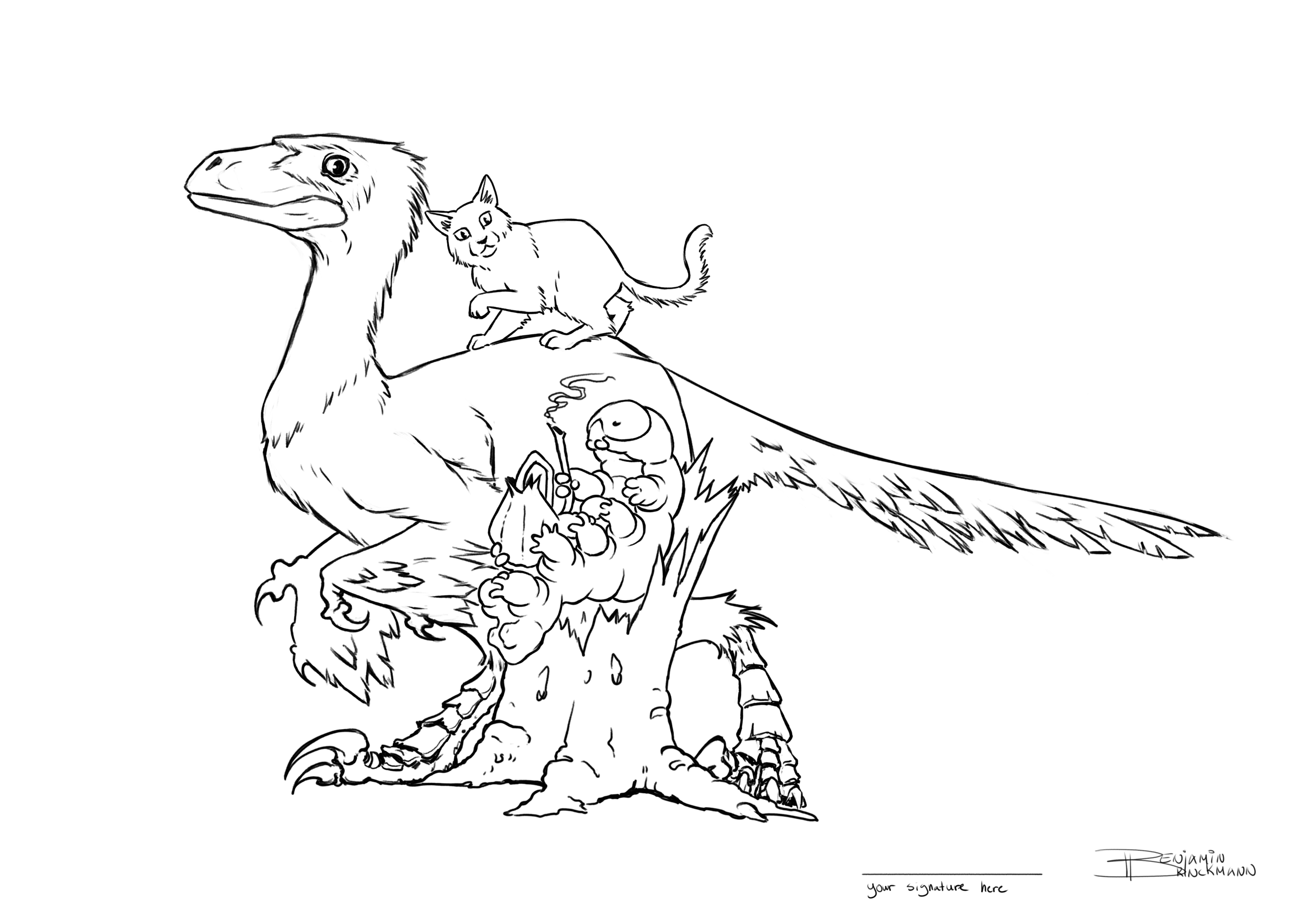 a pencil drawing of a cat riding a dinosaur passing the caterpillar from Alice in Wonderland, sitting on a tree stump.
